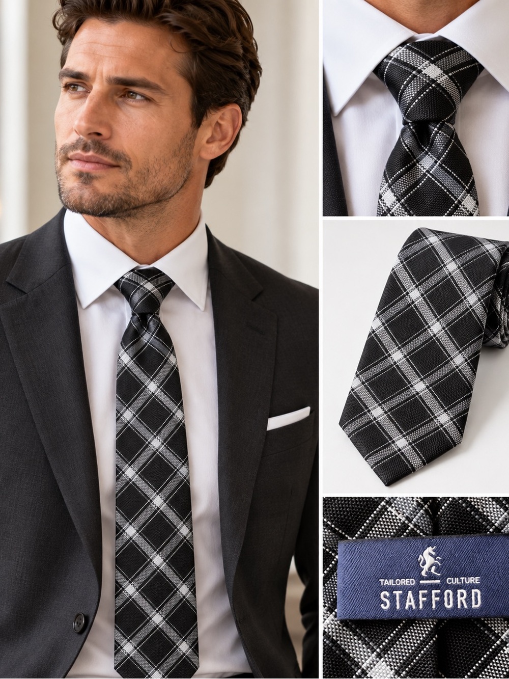 Stafford Tailored Culture 100% Silk Black Gray Plaid Men’s Tie